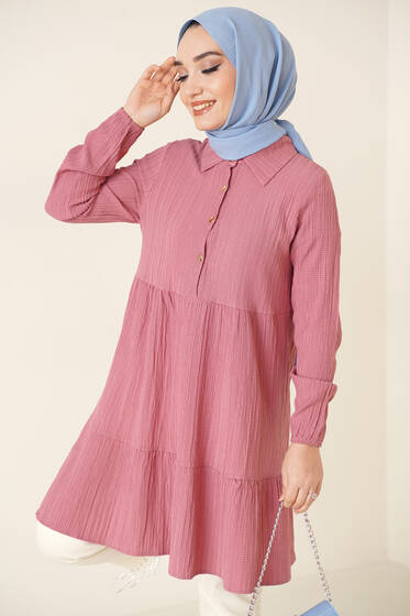 Gömlek Yaka Kat Detaylı Tunik Pudra - Tunik