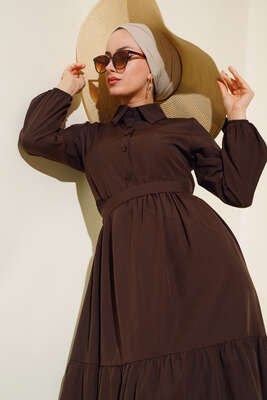 Gömlek Yaka Kat Elbise Acı Kahve - Tesettür Elbise