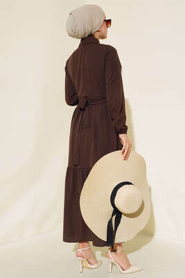 Gömlek Yaka Kat Elbise Acı Kahve - Tesettür Elbise