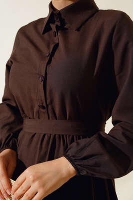 Gömlek Yaka Kat Elbise Acı Kahve - Tesettür Elbise