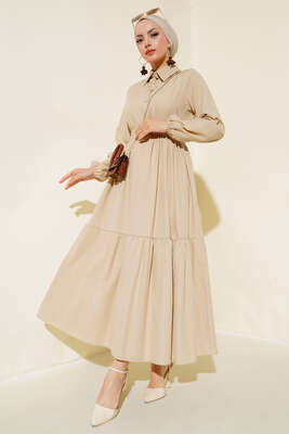 Gömlek Yaka Kat Elbise Bej 