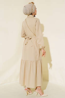 Gömlek Yaka Kat Elbise Bej - Tesettür Elbise