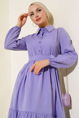 Gömlek Yaka Kat Elbise Lila - Tesettür Elbise