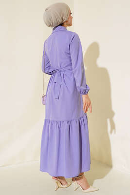 Gömlek Yaka Kat Elbise Lila - Tesettür Elbise