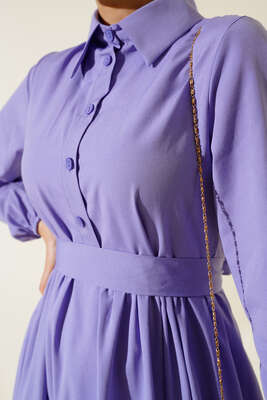 Gömlek Yaka Kat Elbise Lila - Tesettür Elbise