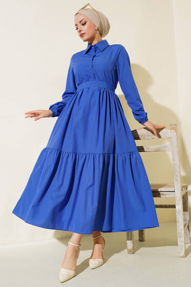 Gömlek Yaka Kat Elbise Saks - Elbise