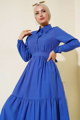 Gömlek Yaka Kat Elbise Saks - Tesettür Elbise