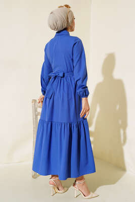 Gömlek Yaka Kat Elbise Saks - Tesettür Elbise