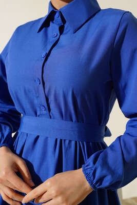 Gömlek Yaka Kat Elbise Saks - Tesettür Elbise