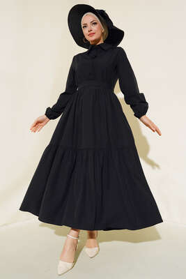 Gömlek Yaka Kat Elbise Siyah 