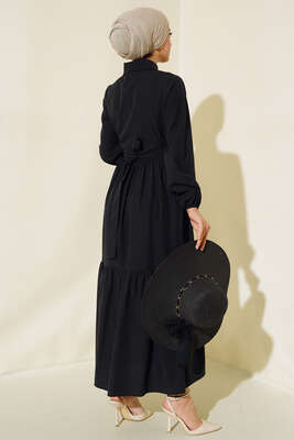 Gömlek Yaka Kat Elbise Siyah - Tesettür Elbise