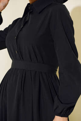 Gömlek Yaka Kat Elbise Siyah - Tesettür Elbise