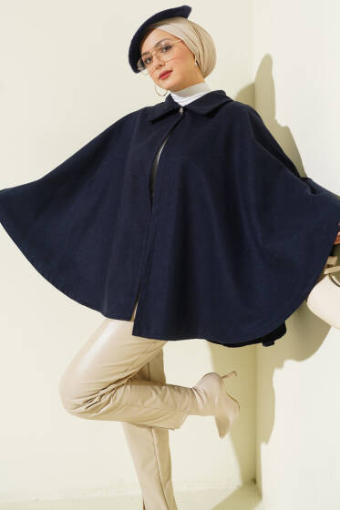 Gömlek Yaka Kemerli Kaşe Panço Lacivert - Panço