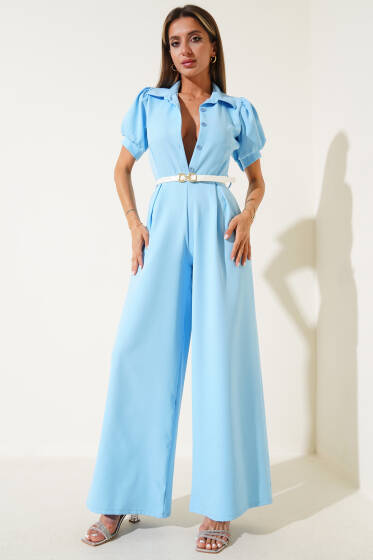 Gömlek Yaka Kemerli Kısa Kol Tulum Mavi - Kadın Giyim Modelleri