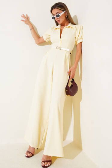 Gömlek Yaka Kemerli Kısa Kol Tulum Sarı - Kadın Giyim Modelleri