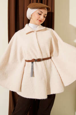 Gömlek Yaka Kemerli Panço Krem 