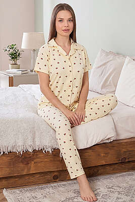 Gömlek Yaka Kiraz Baskılı Kısa Kol Pijama Takım Sarı 