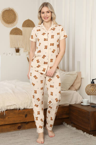 Gömlek Yaka Kısa Kol Ayıcık Fiyonklu Pijama Takımı Bej - Pijama
