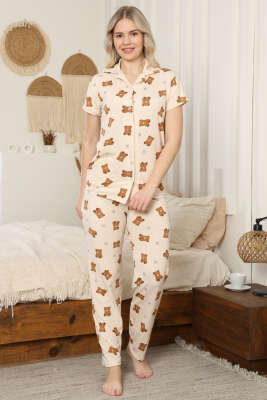 Gömlek Yaka Kısa Kol Ayıcık Fiyonklu Pijama Takımı Bej - IŞILAY