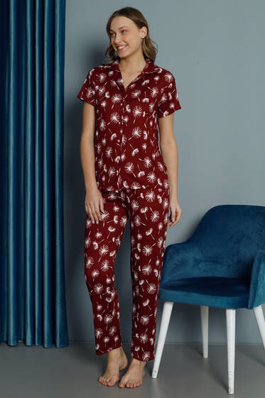 Gömlek Yaka Kısa Kol Pijama Takımı Bordo - Pijama & Gecelik