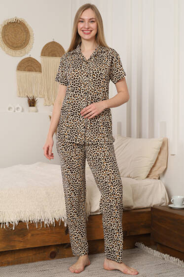 Gömlek Yaka Kısa Kol Pijama Takımı Leopar - Pijama & Gecelik