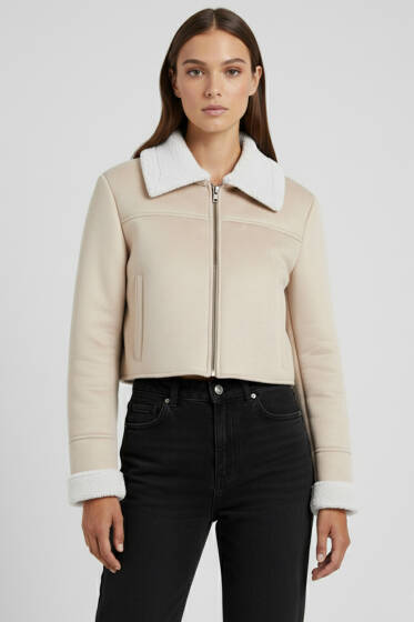 Gömlek Yaka Kısa Süet Mont Bej - Kadın Giyim Modelleri