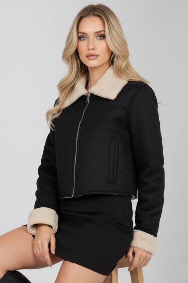 Gömlek Yaka Kısa Süet Mont Siyah - Kadın Giyim Modelleri