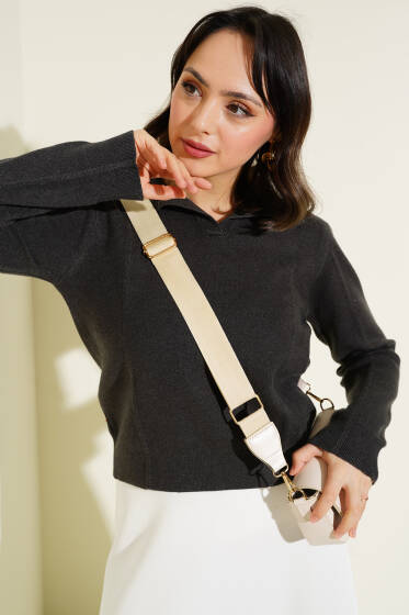 Gömlek Yaka Kısa Triko Kazak Füme - Triko Kazak