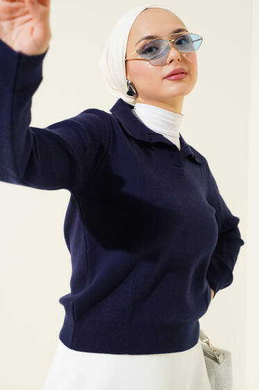 Gömlek Yaka Kısa Triko Kazak Lacivert - Triko Kazak