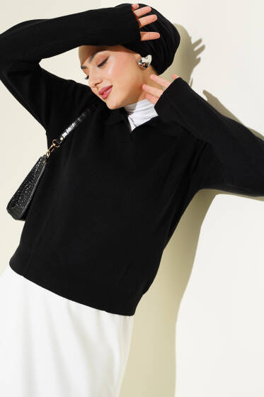 Gömlek Yaka Kısa Triko Kazak Siyah - Triko Kazak