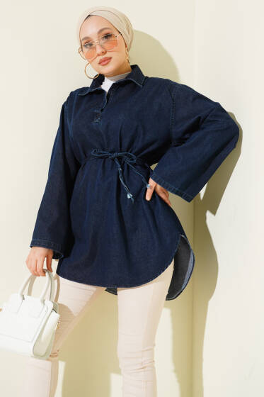 Gömlek Yaka Kot Tunik Lacivert - Tunik