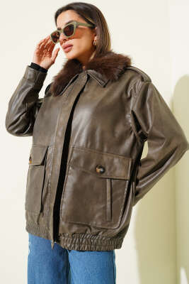 Gömlek Yaka Kürklü Deri Mont Antrasit - Kadın Giyim Modelleri