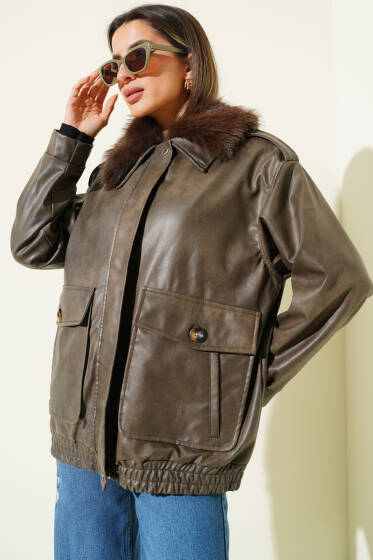 Gömlek Yaka Kürklü Deri Mont Antrasit - Kadın Giyim Modelleri
