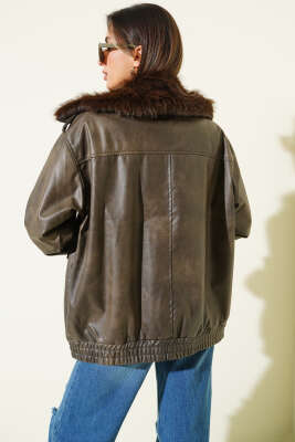 Gömlek Yaka Kürklü Deri Mont Antrasit - Kadın Giyim Modelleri