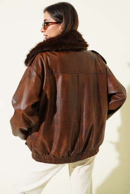 Gömlek Yaka Kürklü Deri Mont Kahve - Kadın Giyim Modelleri