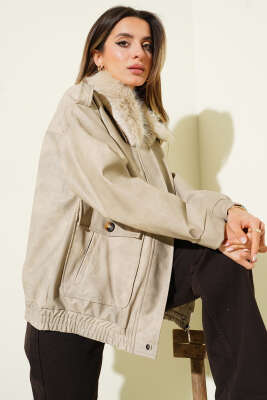 Gömlek Yaka Kürklü Deri Mont Taş - Kadın Giyim Modelleri