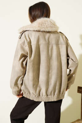 Gömlek Yaka Kürklü Deri Mont Taş - Kadın Giyim Modelleri