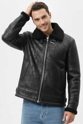 Gömlek Yaka Kürklü Erkek Ceket Siyah - GAVAZZİ