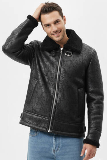 Gömlek Yaka Kürklü Erkek Ceket Siyah - Erkek Ceket