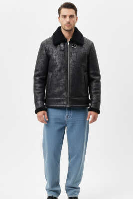 Gömlek Yaka Kürklü Erkek Ceket Siyah - Erkek Ceket