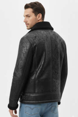 Gömlek Yaka Kürklü Erkek Ceket Siyah - Erkek Ceket