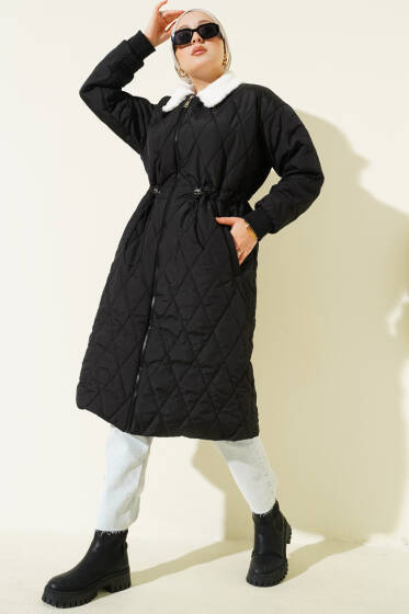 Gömlek Yaka Kürklü Kapitone Mont Siyah - Mont