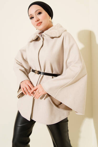 Gömlek Yaka Kürklü Kaşe Panço Bej - Panço
