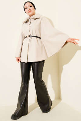 Gömlek Yaka Kürklü Kaşe Panço Bej - Panço