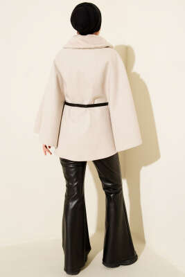 Gömlek Yaka Kürklü Kaşe Panço Bej - Panço