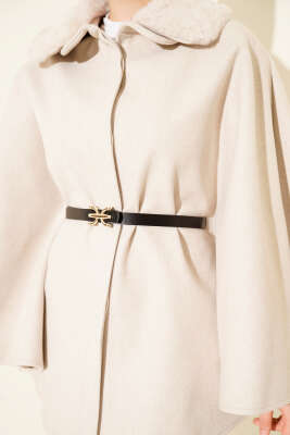 Gömlek Yaka Kürklü Kaşe Panço Bej - Panço