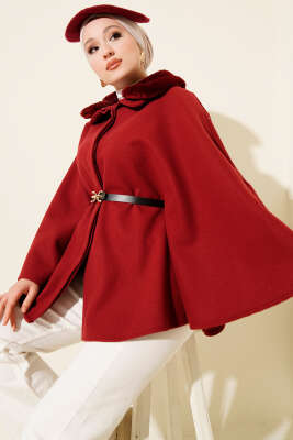 Gömlek Yaka Kürklü Kaşe Panço Bordo - BERAT TEKSTİL