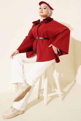 Gömlek Yaka Kürklü Kaşe Panço Bordo - Panço