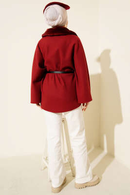 Gömlek Yaka Kürklü Kaşe Panço Bordo - Panço