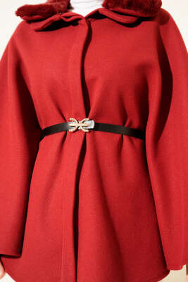 Gömlek Yaka Kürklü Kaşe Panço Bordo - Panço